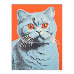 Artery8 Teal & Coral Cat Screen Print Risograph Artwork Spot Block Colour Duotone Retro Riso Interior Design Scottish Fold Cat Unframed Wall Art - thumbnail 1