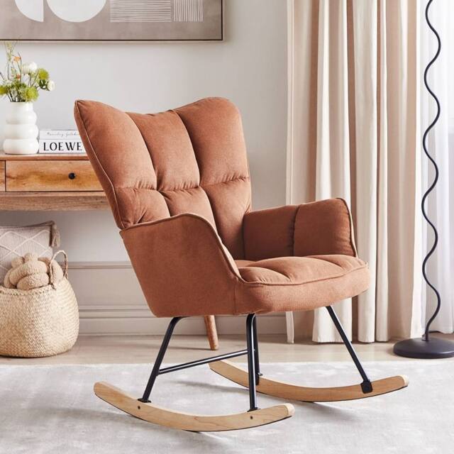Wyld and Coco Brown Biscuit-Tufted Rocking Chair with Wooden Legs - image 1