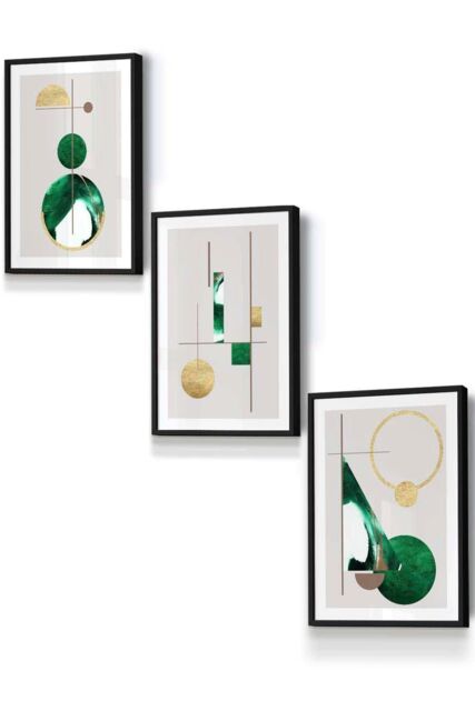 ARTZE Abstract Textured Geometric Art in Green & Gold Framed Wall Art - Small in Black - Size: W33 cm x H45 cm x D20mm - image 1
