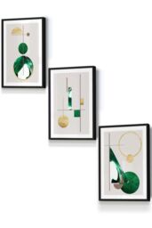 ARTZE Abstract Textured Geometric Art in Green & Gold Framed Wall Art - Small in Black - Size: W33 cm x H45 cm x D20mm