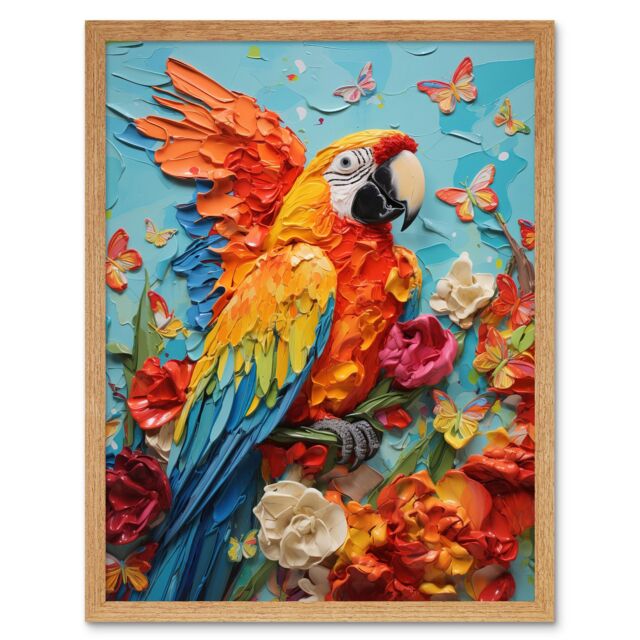 "Artery8 Wall Art Print Vibrant Macaw Parrot Heavy Oil Paint with Butterflies & Flowers High Texture Artwork Art Framed - Size: W12"" x H16""" - image 1