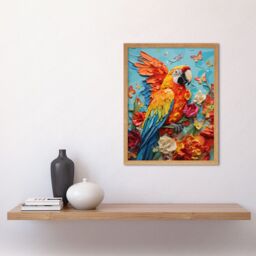 "Artery8 Wall Art Print Vibrant Macaw Parrot Heavy Oil Paint with Butterflies & Flowers High Texture Artwork Art Framed - Size: W12"" x H16""" - thumbnail 2