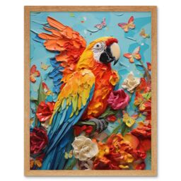 "Artery8 Wall Art Print Vibrant Macaw Parrot Heavy Oil Paint with Butterflies & Flowers High Texture Artwork Art Framed - Size: W12"" x H16""" - thumbnail 1