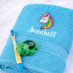 Duncan Stewart Kid's Personalised Unicorn Bath Towel in Turquoise - thumbnail 2
