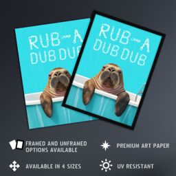 "Artery8 Walrus in Bathtub Bath Time Rub A Dub Funny Wall Art Print in Blue - Size: W18"" x H24""" - thumbnail 2
