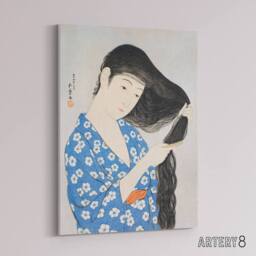 "Artery8 Woman Combing Her Hair Canvas Wall Art Print Goyo Hashiguchi in Blue - Size: W18"" x H24""" - thumbnail 2