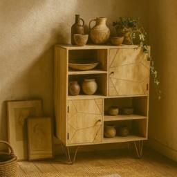 Wyld Haus Bali Light Gold Display Cabinet 2 Doors 4 Shelves in Brown