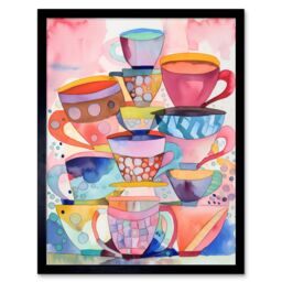"Artery8 Wall Art Print Abstract Kitchen Cups & Saucers Folk Art Framed in Black - Size: W12"" x H16""" - thumbnail 1