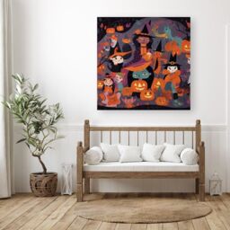 "Warren Reed - Designer A Vibrant & Colorful Illustration Of Witches & Pumpkin Canvas in Orange - Size: W30"" x H30""" - thumbnail 3