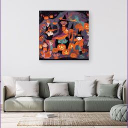"Warren Reed - Designer A Vibrant & Colorful Illustration Of Witches & Pumpkin Canvas in Orange - Size: W30"" x H30""" - thumbnail 4