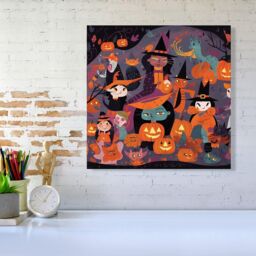 "Warren Reed - Designer A Vibrant & Colorful Illustration Of Witches & Pumpkin Canvas in Orange - Size: W30"" x H30""" - thumbnail 2