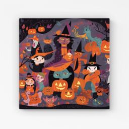 "Warren Reed - Designer A Vibrant & Colorful Illustration Of Witches & Pumpkin Canvas in Orange - Size: W30"" x H30""" - thumbnail 1