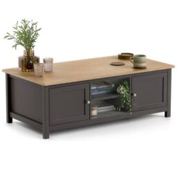 Christow Coffee Table Oak Effect Top Cupboards Shelves 40x115x60cm in Charcoal - Size: 40 x 115 x 60 cm