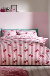 Catherine Lansfield 'Disco Cherries Stripes' Reversible Duvet Cover Set in Pink - Size: Single - thumbnail 1