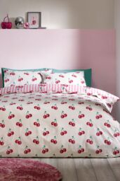 Catherine Lansfield 'Disco Cherries Stripes' Reversible Duvet Cover Set in Pink - Size: Single - thumbnail 2
