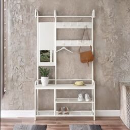 Rafaelo Mobilia Industrial Hall Tree Coat Rack Stand With Shoe Storage Shelves & Rail in White - thumbnail 2