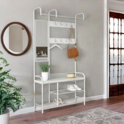 Rafaelo Mobilia Industrial Hall Tree Coat Rack Stand With Shoe Storage Shelves & Rail in White - thumbnail 3