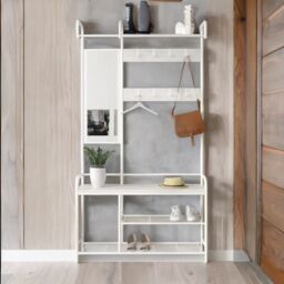 Rafaelo Mobilia Industrial Hall Tree Coat Rack Stand With Shoe Storage Shelves & Rail in White