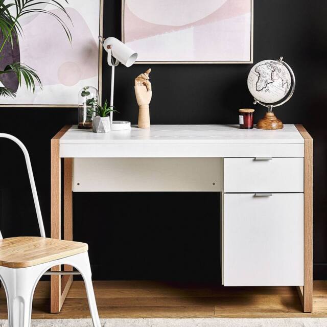 Wyld and Coco White Minimalist Desk 110 x 50 cm with Drawer and Hidden Cabinet - image 1