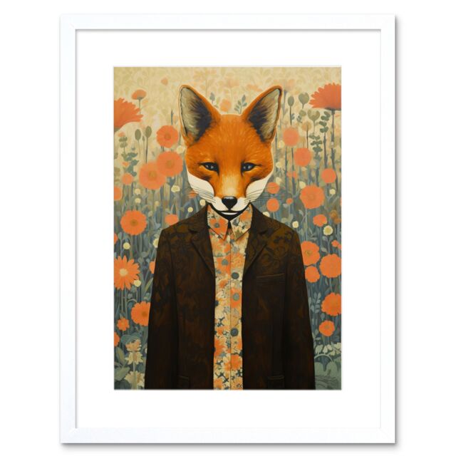 "Artery8 Wall Art Print Portrait of Dressed Fox in Suit & Shirt Floral Background Orange Brown Autumn Tones Artwork Framed 9X7 Inch - Size: W7"" x H9""" - image 1