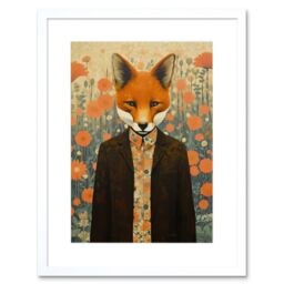 "Artery8 Wall Art Print Portrait of Dressed Fox in Suit & Shirt Floral Background Orange Brown Autumn Tones Artwork Framed 9X7 Inch - Size: W7"" x H9""" - thumbnail 1