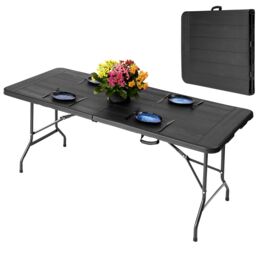Novecrafto 6ft Folding Table - Portable Black Plastic Trestle Table with Steel Frame, Easy to Fold & Store, For Indoor & Outdoor Use