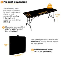 Novecrafto 6ft Folding Table - Portable Black Plastic Trestle Table with Steel Frame, Easy to Fold & Store, For Indoor & Outdoor Use - thumbnail 4