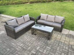 Fimous PE High Back Rattan Garden Furniture Set Lounge Sofa 3 Seater Sofa Set Outdoor Coffee Table 6 Seater in Dark Grey - thumbnail 2