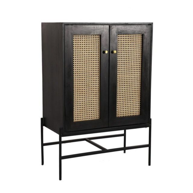 Jaipur Furniture Ltd Rattan 2 Door Highboard Cabinet - Mango Wood/Iron - L45 x W80 x H120 cm - Black Finish with Natural Rattan - Assembly Required - image 1