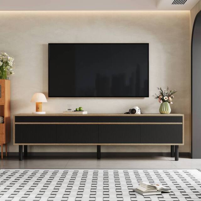 Merax 170cm Low TV Stand with 4 Fluted Door & Solid Wood Legs in Black - image 1