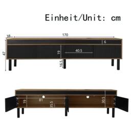 Merax 170cm Low TV Stand with 4 Fluted Door & Solid Wood Legs in Black - thumbnail 2