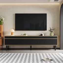 Merax 170cm Low TV Stand with 4 Fluted Door & Solid Wood Legs in Black - thumbnail 1