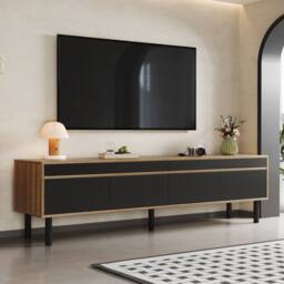 Merax 170cm Low TV Stand with 4 Fluted Door & Solid Wood Legs in Black - thumbnail 4