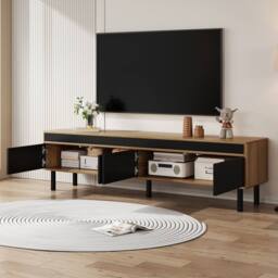 Merax 170cm Low TV Stand with 4 Fluted Door & Solid Wood Legs in Black - thumbnail 6