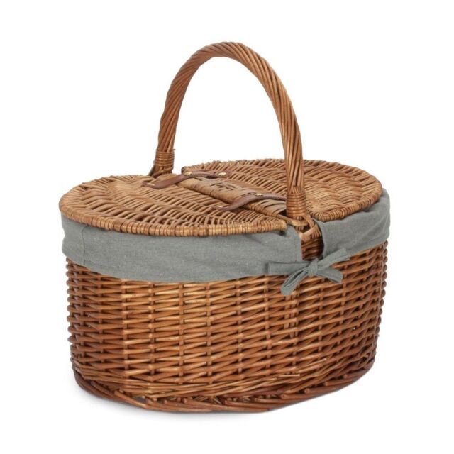 Red Hamper Wicker Light Steamed Oval Cotton Lined Lidded Picnic Basket in Grey - image 1