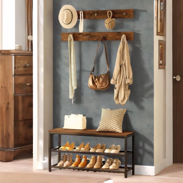Rafaelo Mobilia Hallway Shoe Bench Set with 9 Hooks & Shelf in Brown - image 1