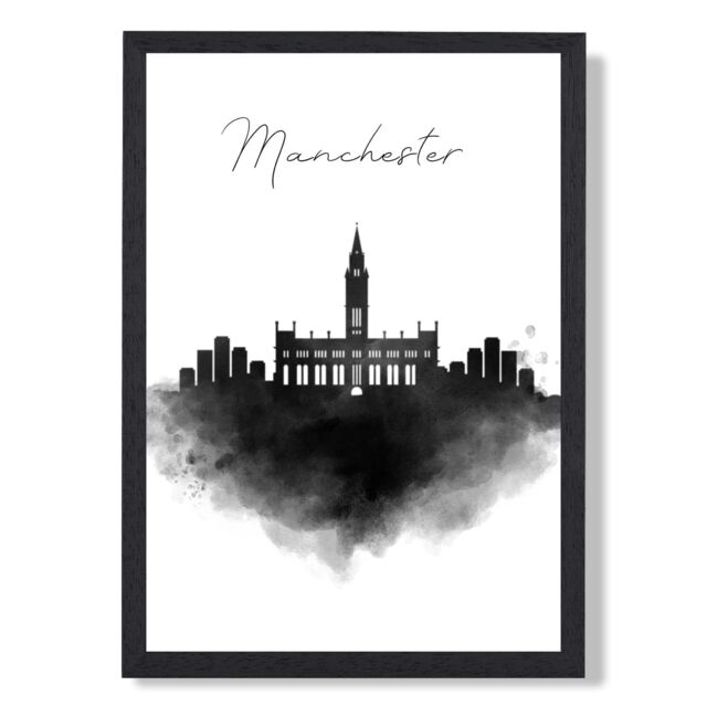 ARTZE Manchester Watercolour Skyline City Framed Print SIZE: A4 with Black Frame - image 1
