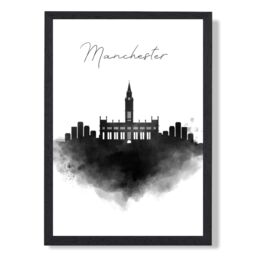 ARTZE Manchester Watercolour Skyline City Framed Print SIZE: A4 with Black Frame - thumbnail 1