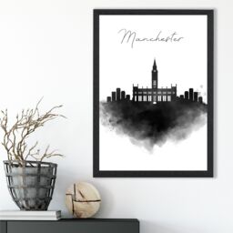ARTZE Manchester Watercolour Skyline City Framed Print SIZE: A4 with Black Frame - thumbnail 2