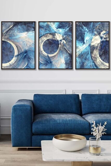 ARTZE Set of 3 Black Framed Abstract Blue & Cream Mixed Media Fractal Wall Art - Size: W53 cm x H73 cm x D20mm - image 1