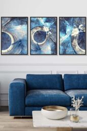 ARTZE Set of 3 Black Framed Abstract Blue & Cream Mixed Media Fractal Wall Art - Size: W53 cm x H73 cm x D20mm - thumbnail 1