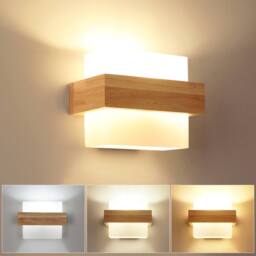 COMELY Wall Light Indoor E27, Modern Square Wooden Wall Lamp with Glass Shade