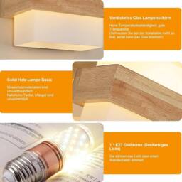 COMELY Wall Light Indoor E27, Modern Square Wooden Wall Lamp with Glass Shade - thumbnail 8
