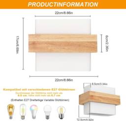 COMELY Wall Light Indoor E27, Modern Square Wooden Wall Lamp with Glass Shade - thumbnail 7