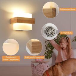COMELY Wall Light Indoor E27, Modern Square Wooden Wall Lamp with Glass Shade - thumbnail 9