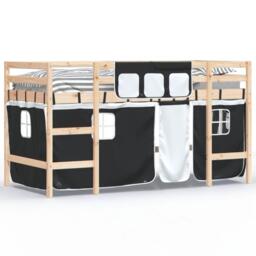 Kids' Loft Bed with Curtains White&Black 90x200cm Solid Wood Pine - thumbnail 3