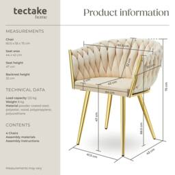 tectake Dining Chair Astano - Padded, Velvet, Knot Design, Continuous Backrest in Light Sand - Size: 4 Pack - thumbnail 6