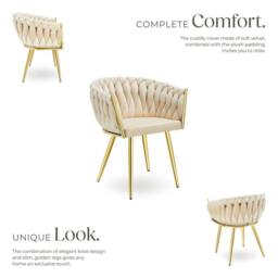 tectake Dining Chair Astano - Padded, Velvet, Knot Design, Continuous Backrest in Light Sand - Size: 4 Pack - thumbnail 3