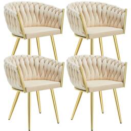 tectake Dining Chair Astano - Padded, Velvet, Knot Design, Continuous Backrest in Light Sand - Size: 4 Pack