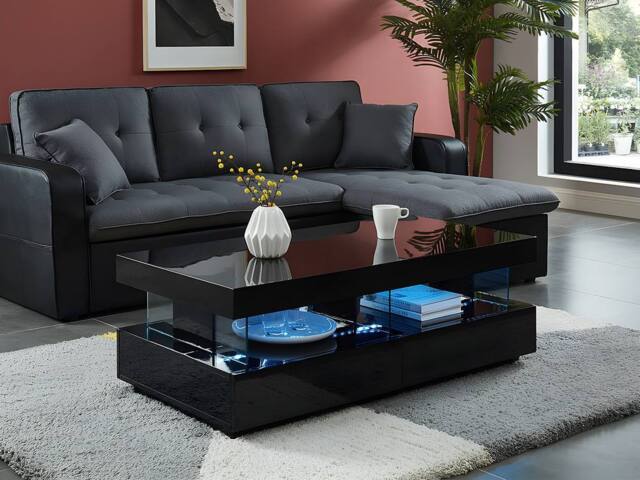 Vente-unique Coffee Table With 2 Drawers & 2 Niches With Leds - MDF & Tempered in Black